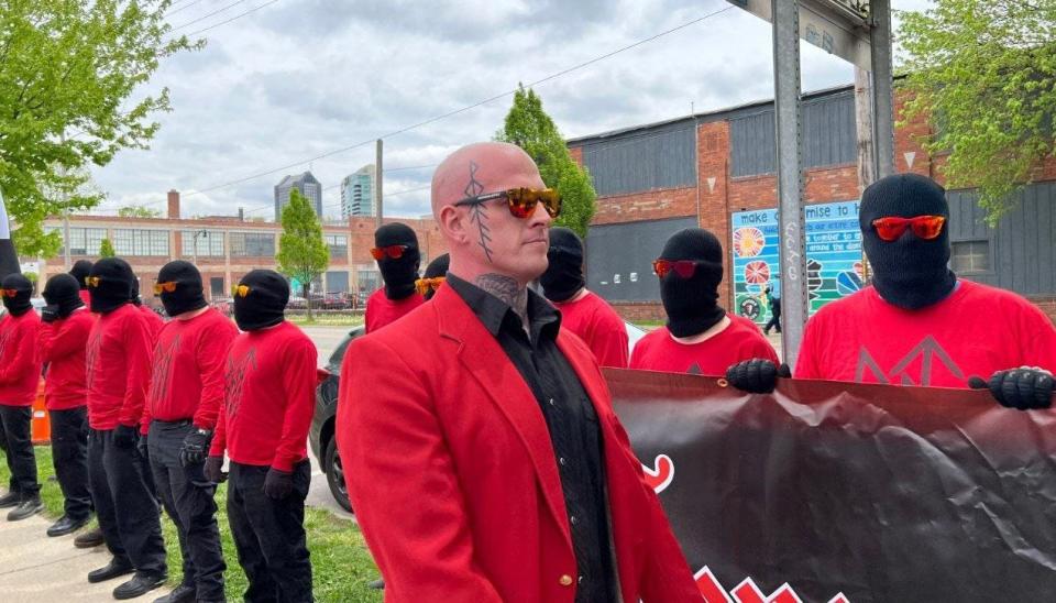 A screenshot from a video posed on the Telegram channel for "Blood Tribe Ohio." Members of the neo-Nazi Blood Tribe showed up outside a drag brunch at Land-Grant Brewing Co. in Columbus in April. The hate group claims to have launched an Ohio chapter.