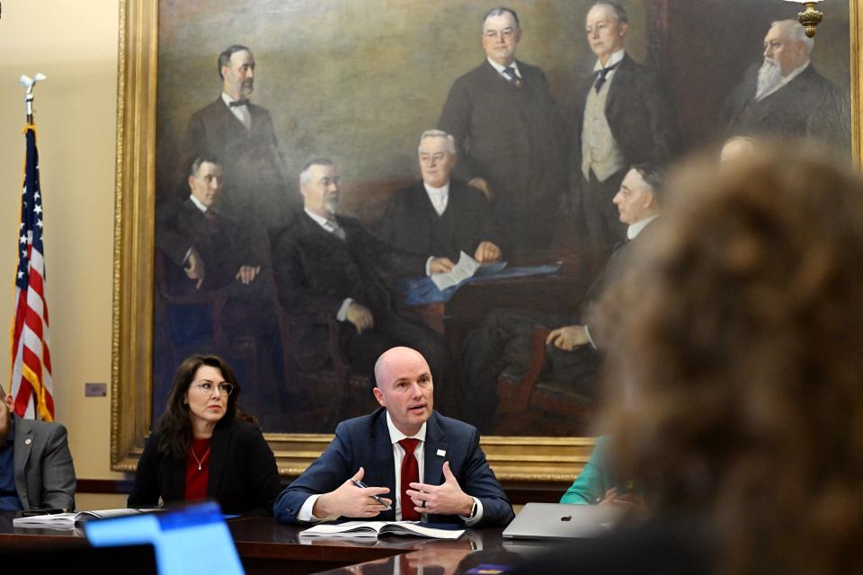 Gov. Spencer Cox and Lt. Gov. Deidre Henderson sit down with Deseret News reporters and editors to discuss the state budget proposal at the Capitol in Salt Lake City on Monday, Dec. 4, 2023. | Scott G Winterton, Deseret News
