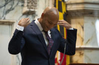 Maryland Gov. Wes Moore gestures while giving his first state of the state address, two weeks after being sworn as governor, Wednesday, Feb. 1, 2023, in Annapolis, Md. (AP Photo/Julio Cortez)