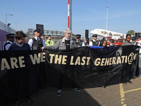 Extinction Rebellion demonstrators at Heathrow airport in April (PA)