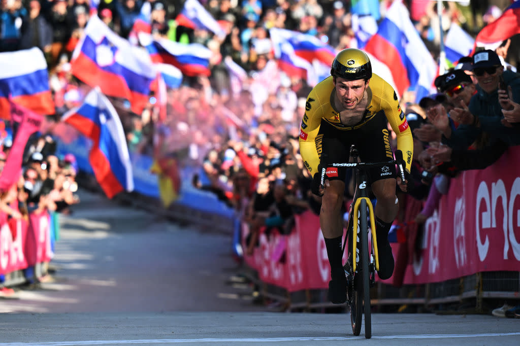  Primož Roglič (Jumbo-Visma) on his way to stage 20 victory and maglia rosa at 2023 Giro d'Italia after mechanical  