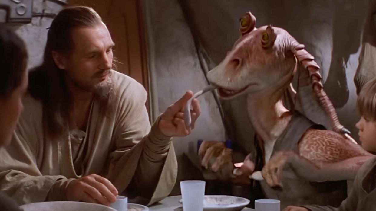  Jar Jar Binks being Jar Jar Binks, in Star Wars: Episode I: The Phantom Menace. 