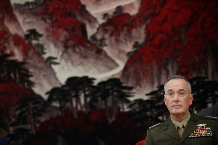 Chairman of U.S. Joint Chiefs of Staff Joseph Dunford attends a meeting with China's Central Military Commission Vice Chairman Fan Changlong (not pictured) at the Bayi Building in Beijing, China, August 17, 2017. REUTERS/Thomas Peter