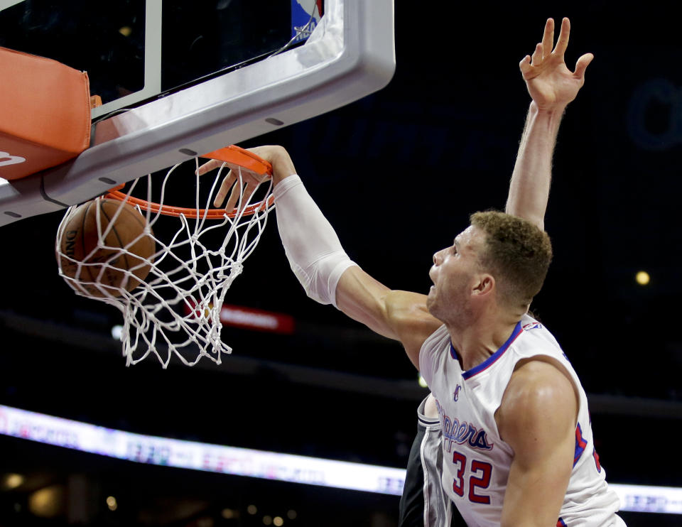 Los Angeles Clippers forward Blake Griffin ducks against the San Antonio Spurs during the second half of Game 1 of a first-round NBA basketball playoff series in Los Angeles, Sunday, April 19, 2015. (AP Photo/Chris Carlson)