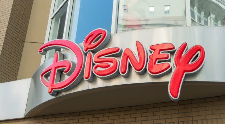 dis stock the Disney logo in red font on a storefront