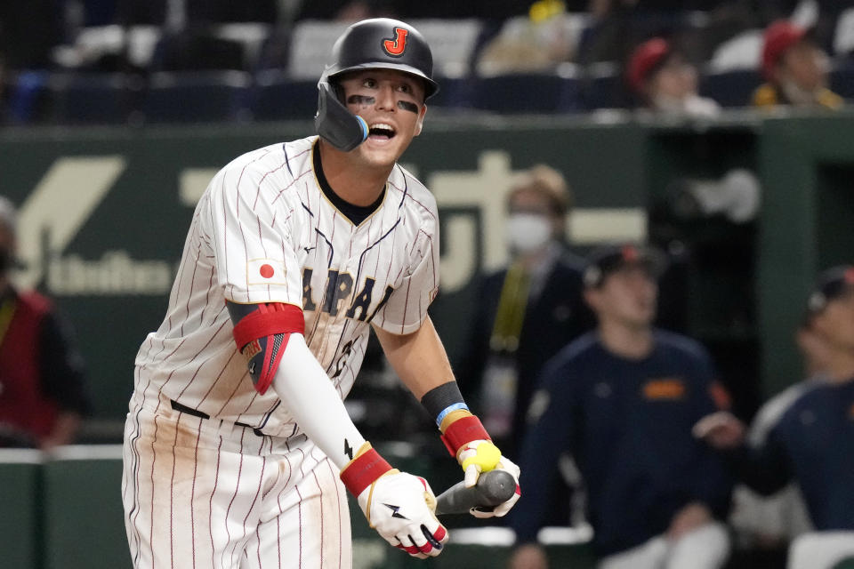 FILE - Lars Nootbaar of Japan reacts in 8th inning during the Pool B game between Japan and China at the World Baseball Classic (WBC) at the Tokyo Dome on March 9, 2023, in Tokyo. Nootbaar's pepper-grinder gesture is catching on all across Japan, not just at the Tokyo Dome.(AP Photo/Eugene Hoshiko, File)