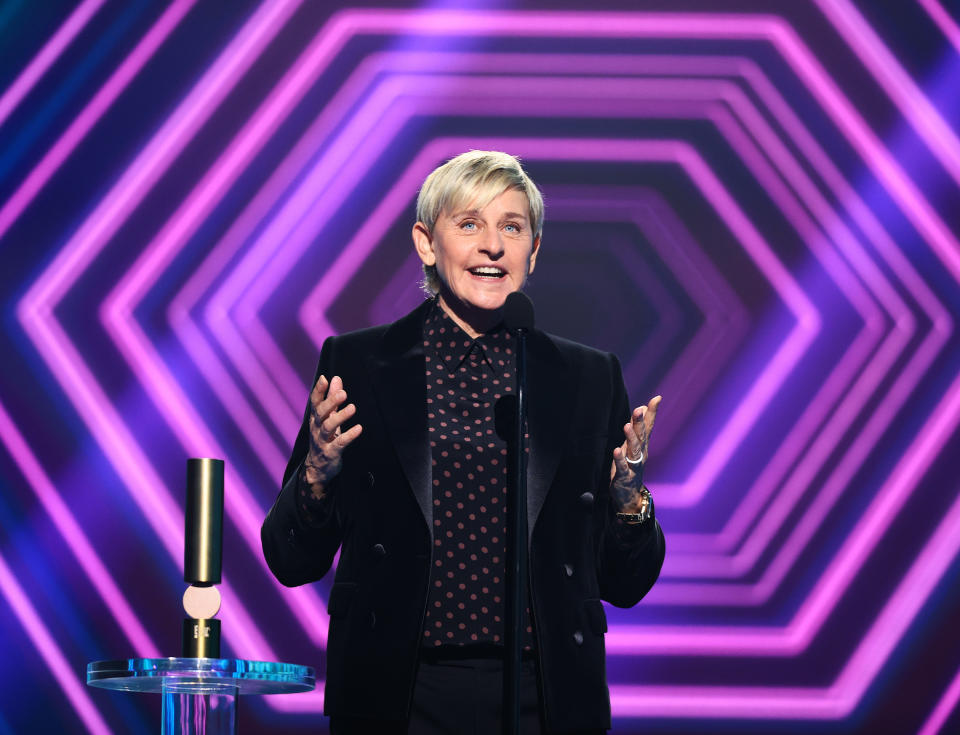 SANTA MONICA, CALIFORNIA - NOVEMBER 15: 2020 E! PEOPLE'S CHOICE AWARDS -- In this image released on November 15, Ellen DeGeneres accepts the award for The Daytime Talk Show of 2020 onstage for the 2020 E! People's Choice Awards held at the Barker Hangar in Santa Monica, California and on broadcast on Sunday, November 15, 2020. (Photo by Christopher Polk/E! Entertainment/NBCU Photo Bank via Getty Images)