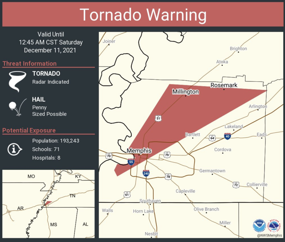 A tornado warning was issued for parts of Shelby County, according the National Weather Service.