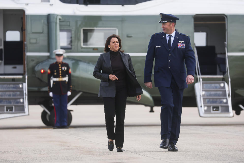 Vice President Kamala Harris departs for travel to Japan and South Korea from Joint Base Andrews, Maryland, Sunday Sept. 25, 2022. (Leah Millis/Pool via AP)