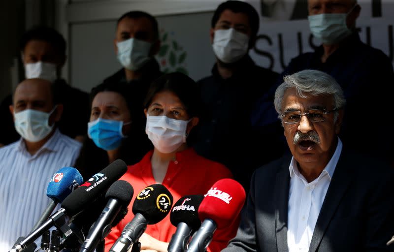 Co-leaders of the pro-Kurdish Peoples' Democratic Party (HDP) Pervin Buldan and Mithat Sancar attend a news conference in Ankara