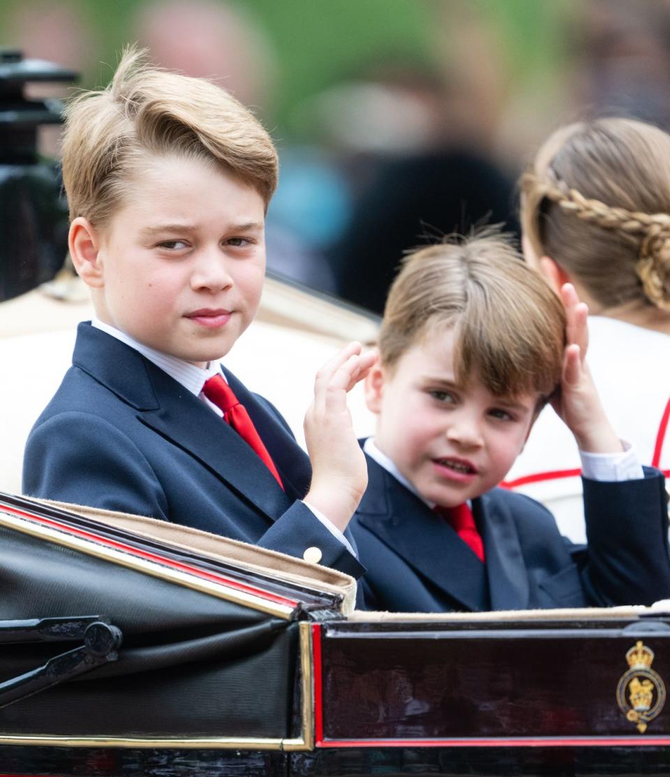 london, england june 17 prince george of wales and prince louis of wales during trooping the colour on june 17, 2023 in london, england trooping the colour is a traditional parade held to mark the british sovereigns official birthday it will be the first trooping the colour held for king charles iii since he ascended to the throne photo by samir husseinwireimage