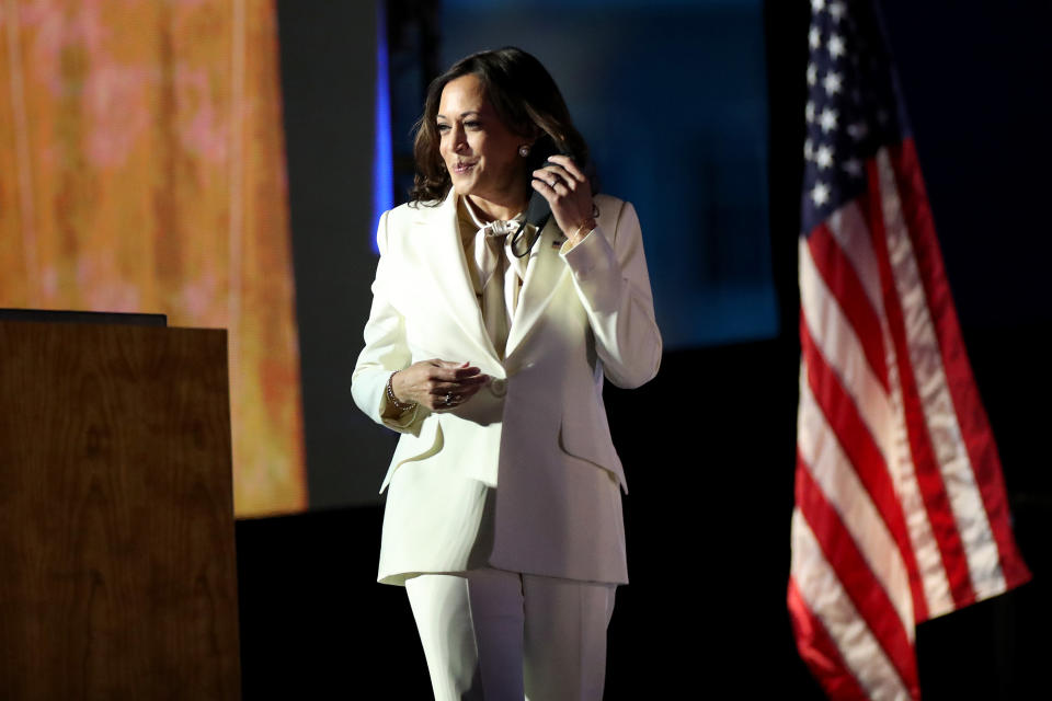 WILMINGTON, DELAWARE - NOVEMBER 07:  Vice President-elect Kamala Harris speaks on stage at the Chase Center before President-elect Joe Biden's address to the nation November 07, 2020 in Wilmington, Delaware. After four days of counting the high volume of mail-in ballots in key battleground states due to the coronavirus pandemic, the race was called for Biden after a contentious election battle against incumbent Republican President Donald Trump. (Photo by Drew Angerer/Getty Images)