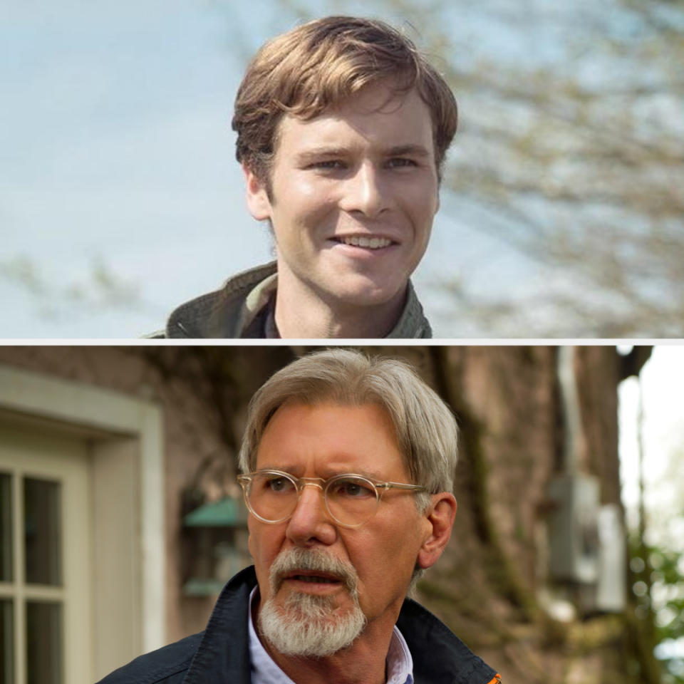 Top: A smiling actor outdoors in casual attire. Bottom: Harrison Ford in a dramatic scene, sporting a beard and glasses