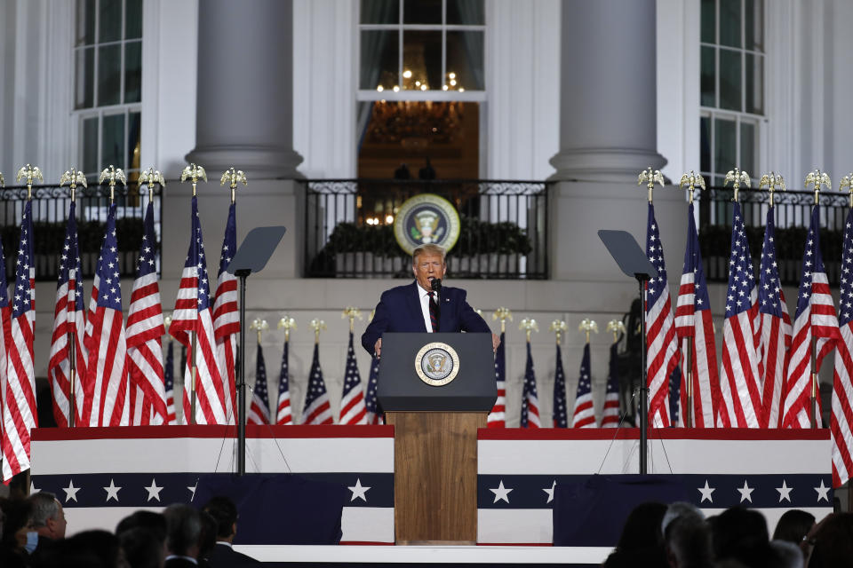 U.S. President Donald Trump speaks during the Republican National Convention on the South Lawn of the White House in Washington, D.C., U.S., on Thursday, Aug. 27, 2020. (Al Drago/Bloomberg via Getty Images)