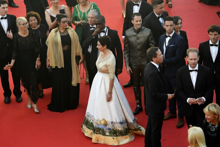 Israeli Culture Minister Miri Regev at the Cannes film festival's opening ceremony, wearing a dress featuring the Old City of Jerusalem