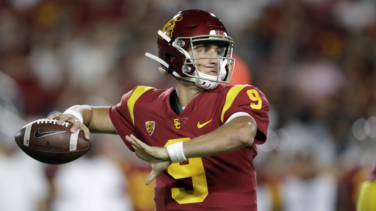 Southern California quarterback Kedon Slovis (9) throws against Stanford during the first half of an NCAA college football game Saturday, Sept. 7, 2019, in Los Angeles. (AP Photo/Marcio Jose Sanchez)