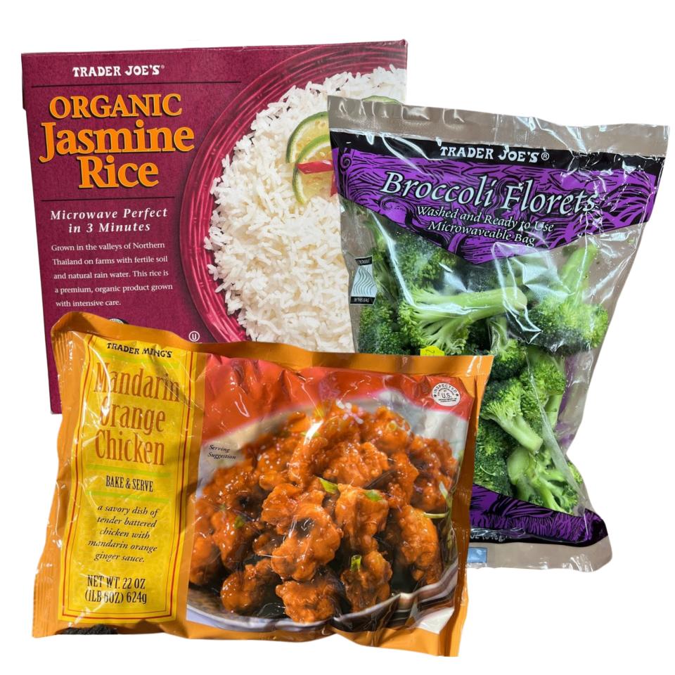 Packaged Mandarin chicken, organic jasmine rice, and broccoli florets