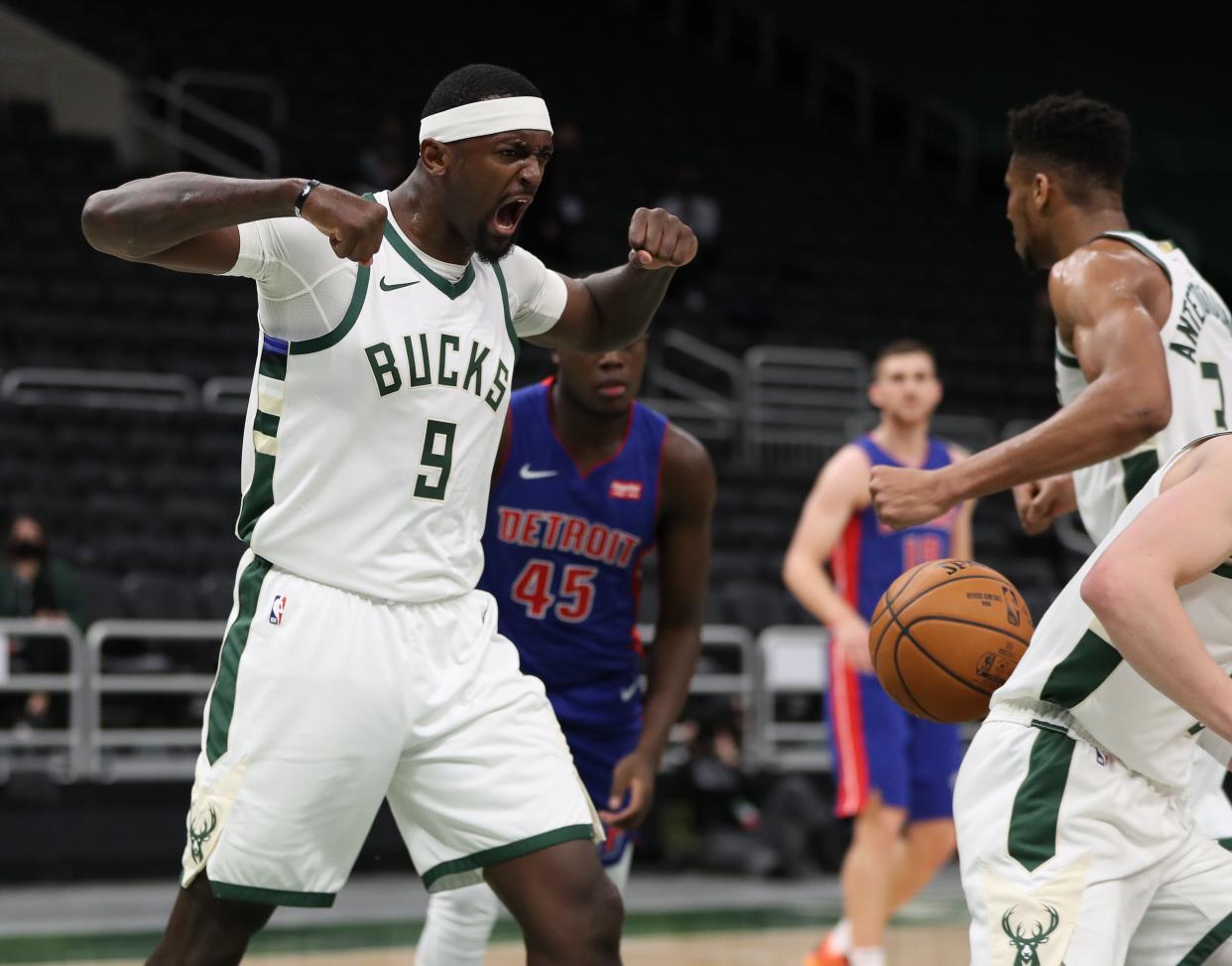 Bucks forward Bobby Portis reacts after muscling up a shot against the Pistons in the first half.