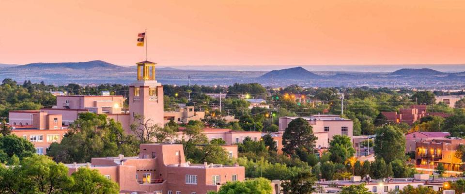 Santa Fe, New Mexico, USA downtown skyline at dusk.