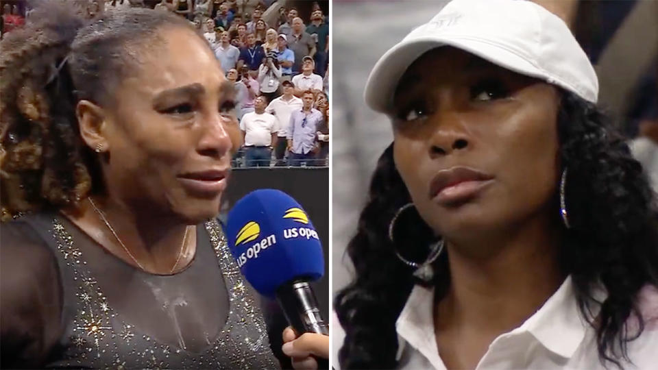 Serena Williams paid an emotional tribute to big sister Venus after her farewell match at the US Open. Pic: US Open Tennis