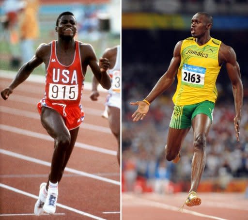 Imagen combinada del estadounidense Carl Lewis ganando los 100m planos de Los Angeles-1984 y el jamaiquino Usain Bolt (D) ganando los 100m de Pekín-2008. El 'Hijo del Viento' Carl Lewis, el mítico atleta estadounidense nueve veces campeón olímpico, no pudo conseguir algo que el considerado por todos como su sucesor, Usain Bolt, sí ha logrado el jueves 9 de agosto de 2012 en Londres: revalidar el oro olímpico en 200 metros. (AFP | iopp pool/olivier morin)