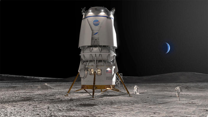 Een artistieke weergave van de Artemis-lander van Blue Origin op het maanoppervlak nabij de zuidpool van de maan.  De Blue Moon-lander kan vier astronauten van en naar het oppervlak vervoeren, waardoor een verblijf van maximaal 30 dagen mogelijk is.  / Fotocredit: Blue Origin
