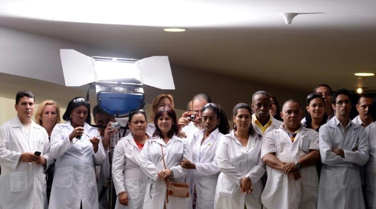 Cuban physicians in Brazil marking the passage of a law on October 22, 2013 that set up a program enabling them to work in deprived areas of Brazil