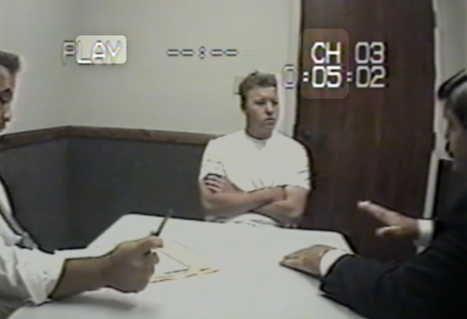A screenshot from Paul Flores’ interview with San Luis Obispo County Sheriff’s detective Larry Hobson (right) and San Luis Obispo County District Attorney’s Office investigator Bill Hanley (left) on June 19, 1996.