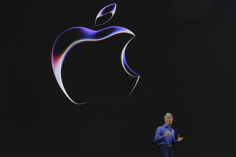 Craig Federighi, Apple's senior vice president of Software Engineering, speaks during an annoucement of new products on the Apple campus Monday, June 5, 2023, in Cupertino, Calif. (AP Photo/Jeff Chiu)