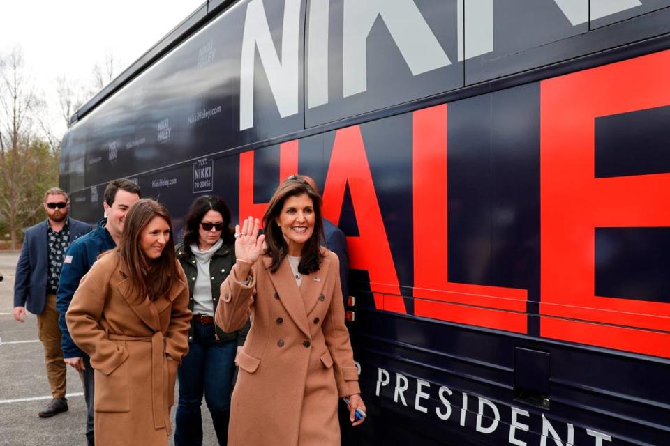 Nikki Haley leaves a campaign stop in Camden on Monday, Feb. 19, 2024