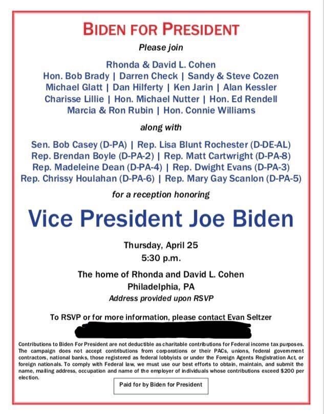 An invite to a fundraiser for former Vice President Joe Biden's presidential campaign in Philadelphia on April 25. 