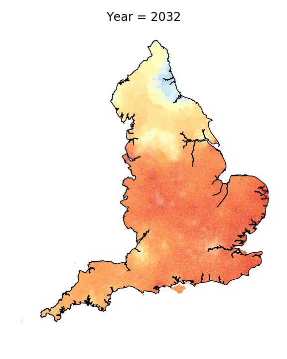 Map showing the predicted prevalence of the use of thawing with the intrusive r in 2032. (University of Portsmouth/PA)