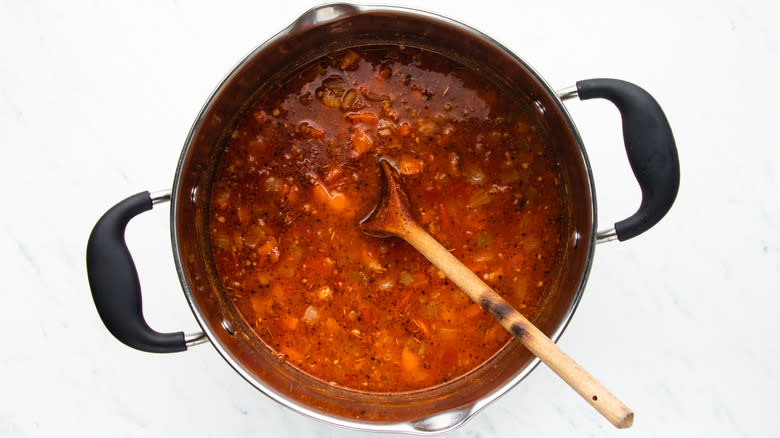 sausage lentil soup in pot