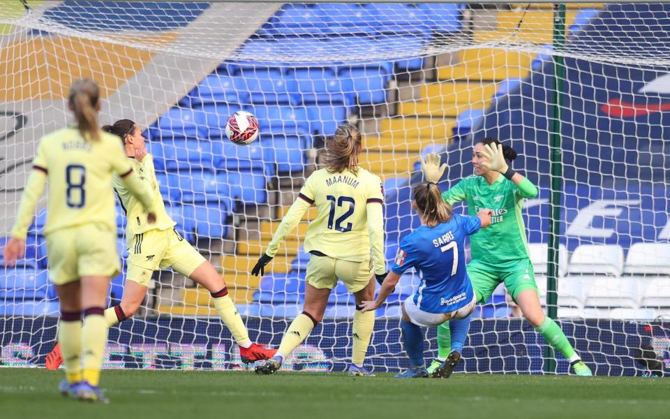 Veatriki Sarri of Birmingham City scores their side's second goal past Manuela Zinsberger of Arsenal during the Barclays FA Women's Super League match between Birmingham City Women and Arsenal Women at St Andrew's Trillion Trophy Stadium on January 09, 2022 in Birmingham, England. - GETTY IMAGES