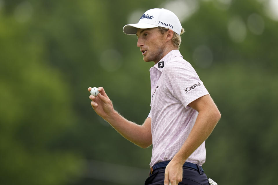 Will Zalatoris waves after making a putt on the 13th hole during the second round of the PGA Championship golf tournament at Southern Hills Country Club, Friday, May 20, 2022, in Tulsa, Okla. (AP Photo/Eric Gay)