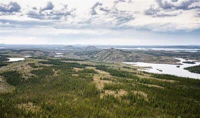 Figure 4: Photo showing the three mountains/hills inspiring the camp’s name (Shaakichiuwaanaan) (CNW Group/Patriot Battery Metals Inc.)