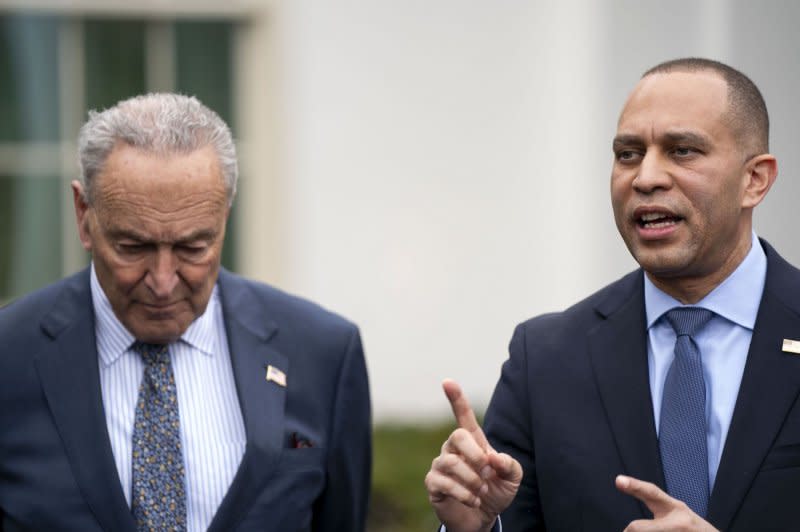 Senate Majority Leader Chuck Schumer, D-N.Y., listens as House Minority Leader Hakeem Jeffries, D-N.Y. (R), speaks after Tuesday's Oval Office meeting. Photo by Bonnie Cash/UPI