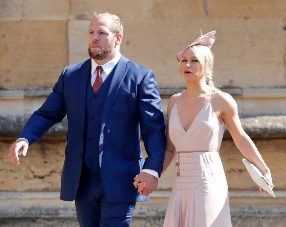 Chloe Madeley with fianc&#xe9; James Haskell in the dress that caused social media users to rage. [Photo: Getty]