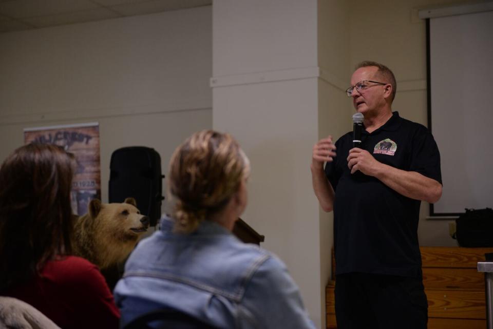 John Clarke with Canadian Bear Safety Authority, presents to a crowd about bear safety in Blairmore sharing his expertice as a retired Alberta Fish and Wildlife Officer.