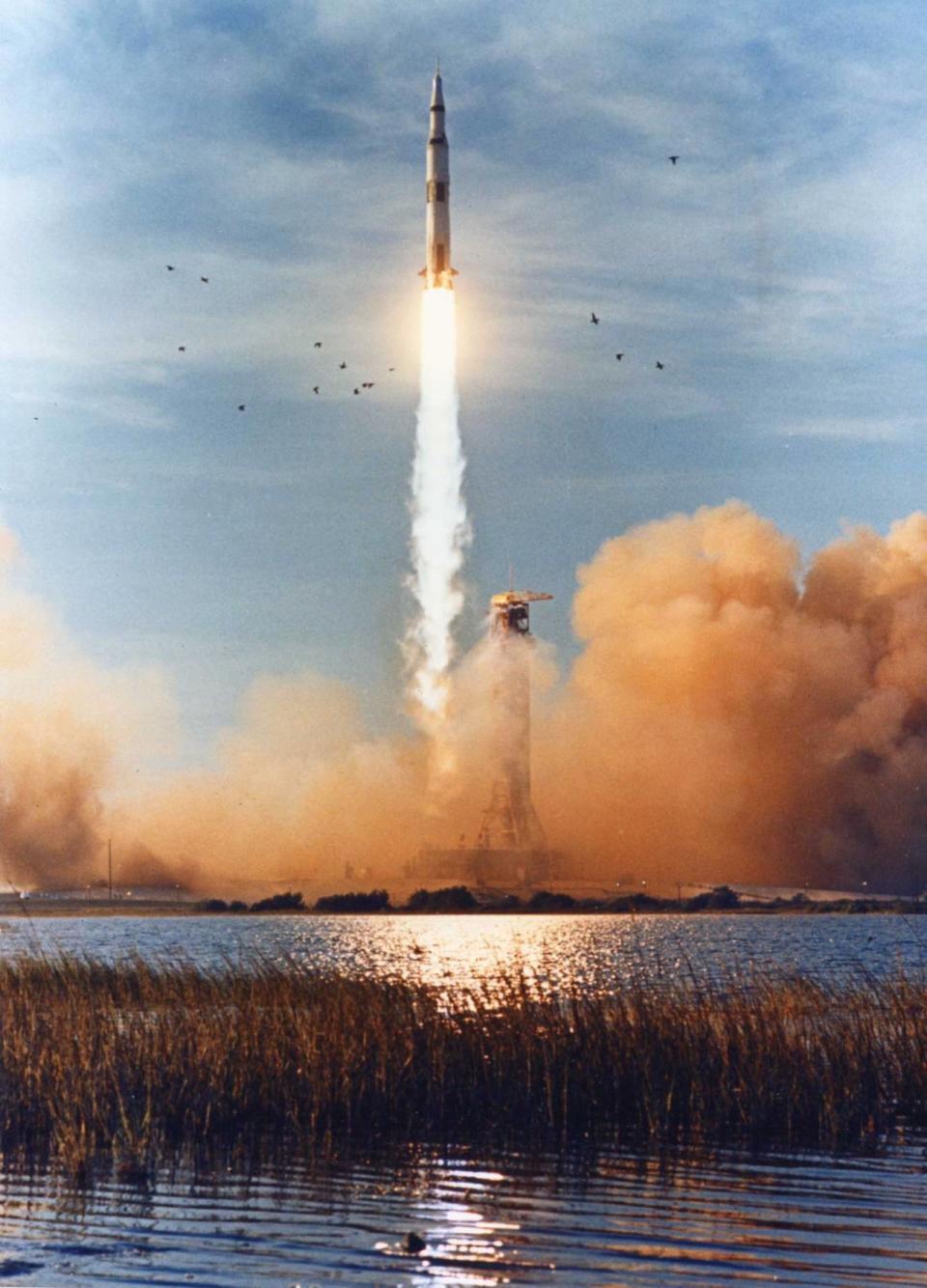 The Apollo 8 (Spacecraft 103/Saturn 503) space vehicle is launched from Pad A, Launch Complex 39, Kennedy Space Center (KSC), at 7:51 a.m (EST), December 21, 1968. The crew of the Apollo 8 lunar orbit mission is astronauts Frank Borman, commander; James A. Lovell Jr., command module pilot; and William A. Anders, lunar module pilot. Image S68-56050 courtesy NASA/JSC.