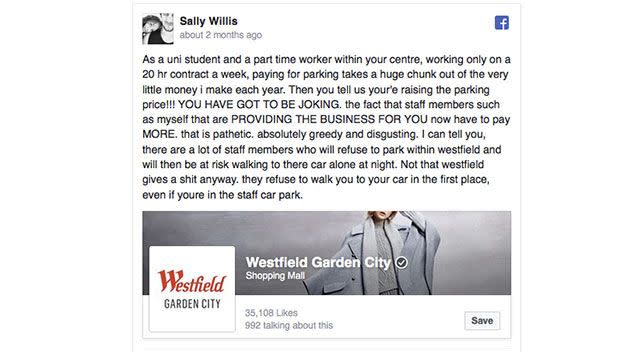 Skyrocketing parking costs for employees working at a popular Westfield shopping centre in Queensland have left staff steaming. Source: Facebook.