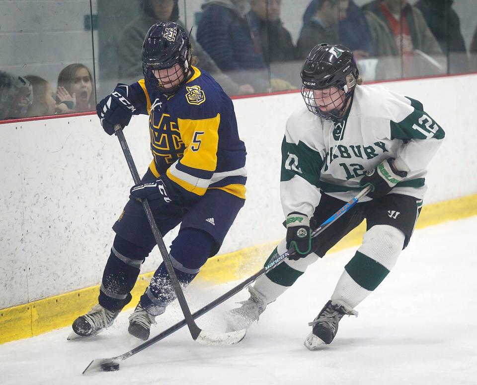 Duxbury sophomore Maddie Greenwood takes control of the puck from Malden Catholic's Aviana Panacopoulos at The Bog in Kingston on Wednesday, March 8, 2023.