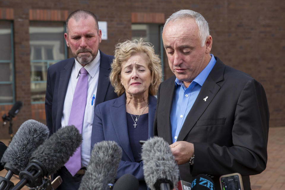 The parents of Grace Millane, David and Gillian Millane speak to media after Grace's killer was found guilty in December. (Getty)