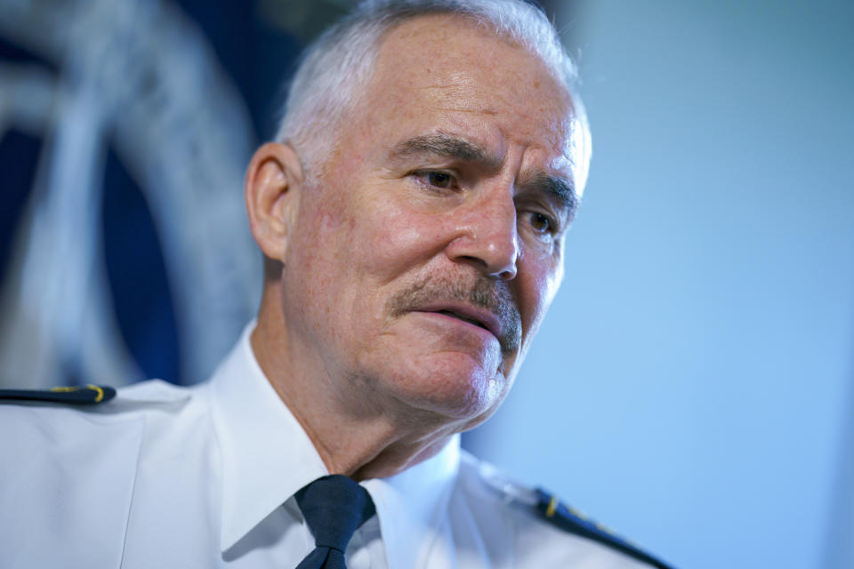 In this Monday, Sept. 27, 2021, photo U.S. Capitol Police Chief Tom Manger, who came to the job six months after the Jan. 6 insurrection and attack on the Capitol, answers questions during an interview with The Associated Press, at his office on Capitol Hill in Washington. (AP Photo/J. Scott Applewhite)