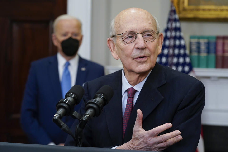 Supreme Court Associate Justice Stephen Breyer announces his retirement in the Roosevelt Room of the White House in Washington, Thursday, Jan. 27, 2022. President Joe Biden looks on. (AP Photo/Andrew Harnik)