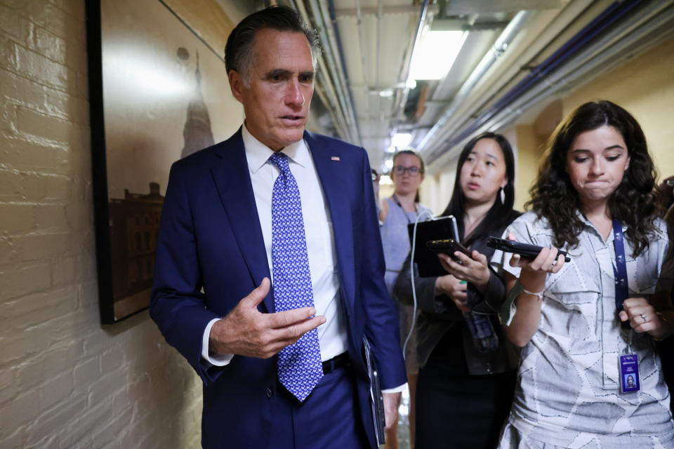 U.S. Senator Mitt Romney (R-UT) departs after attending a bipartisan work group meeting on an infrastructure bill at the U.S. Capitol in Washington on June 8, 2021. (Evelyn Hockstein/Reuters)