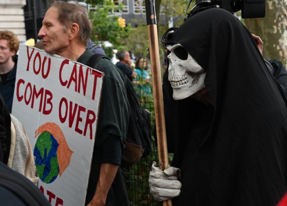 Climate crisis activists gather in Battery Park during Extinction Rebellion demonstrations in New York.