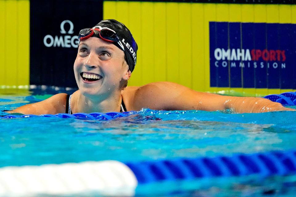 Katie Ledecky reacts after winning the 800 freestyle  during the U.S. Olympic Team Trials in Omaha.