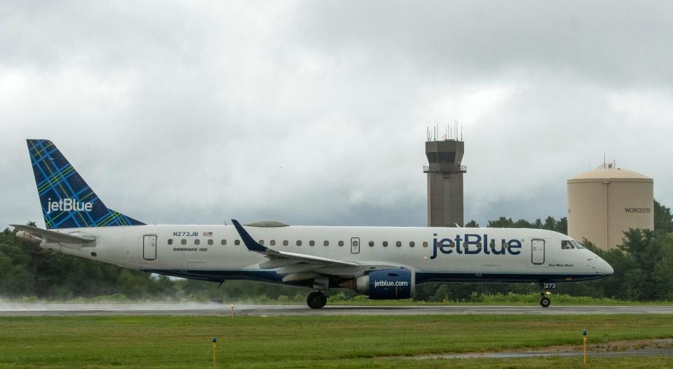 This file photo shows a JetBlue plane at Worcester Regional Airport.