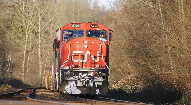 A photo of a Canadian National (CNI) train coming down the tracks toward the photographer.